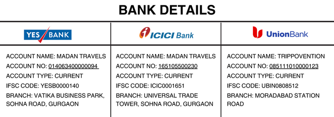 bank details by madan travels